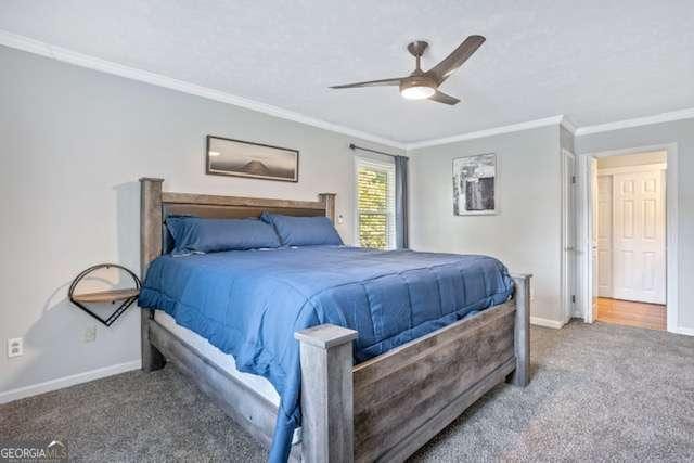 carpeted bedroom with crown molding, a ceiling fan, and baseboards