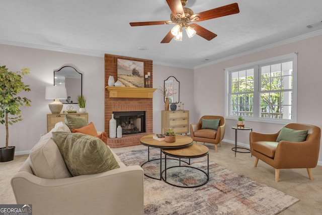 81 Bowers Rd, Moreland, GA 30259 - living room featuring light colored carpet, a ceiling fan, crown molding, a fireplace, and baseboards