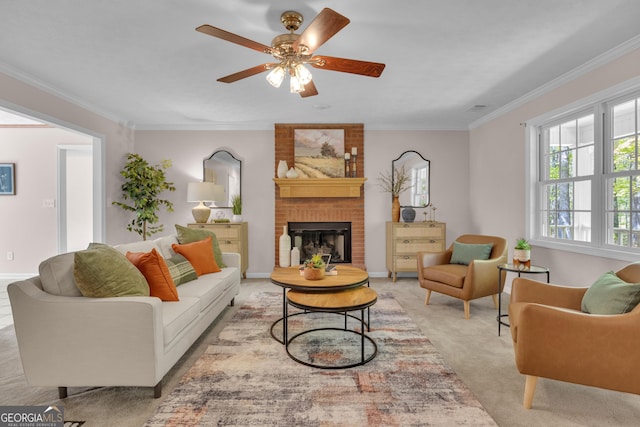 81 Bowers Rd, Moreland, GA 30259 - living area featuring a fireplace, ornamental molding, light carpet, a ceiling fan, and baseboards