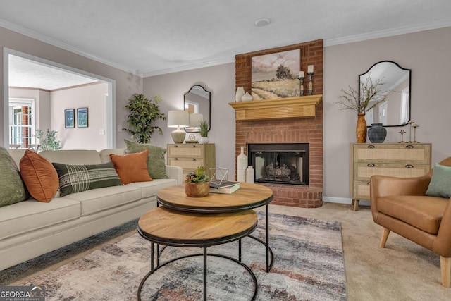 81 Bowers Rd, Moreland, GA 30259 - living room featuring a brick fireplace, ornamental molding, light colored carpet, and baseboards