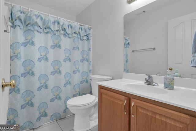 full bath with visible vents, toilet, curtained shower, tile patterned flooring, and vanity