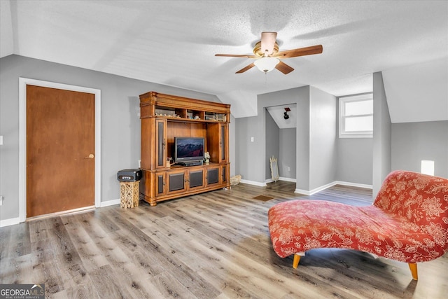 living area featuring lofted ceiling, baseboards, and wood finished floors