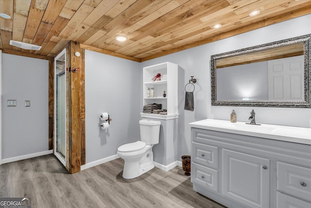 full bath featuring toilet, wood finished floors, wood ceiling, baseboards, and a stall shower