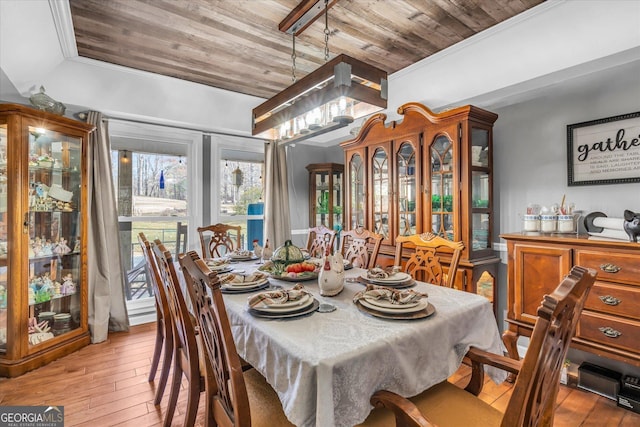 dining room featuring lofted ceiling, wooden ceiling, and wood-type flooring