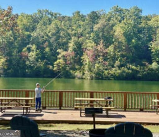 exterior space with a deck with water view and a view of trees