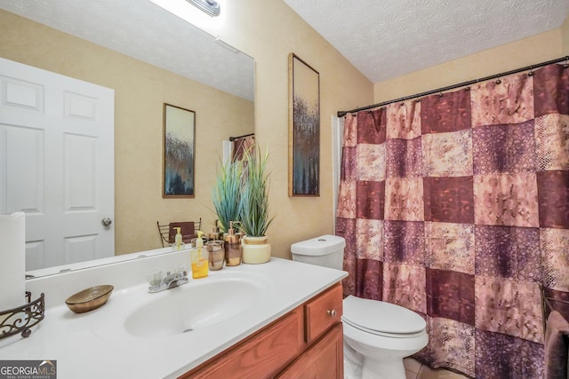 bathroom featuring a textured ceiling, a shower with shower curtain, vanity, and toilet