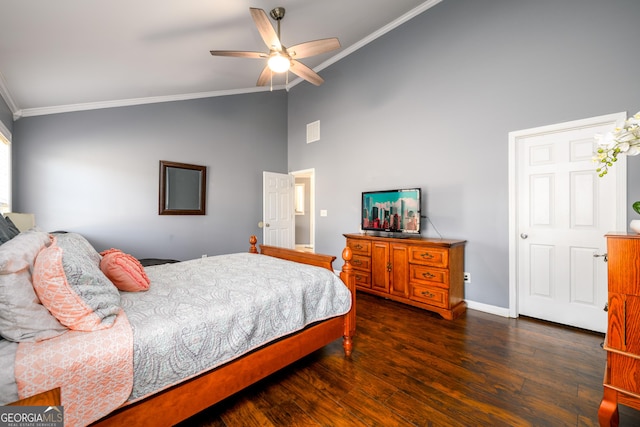 bedroom with ceiling fan, high vaulted ceiling, wood finished floors, baseboards, and crown molding