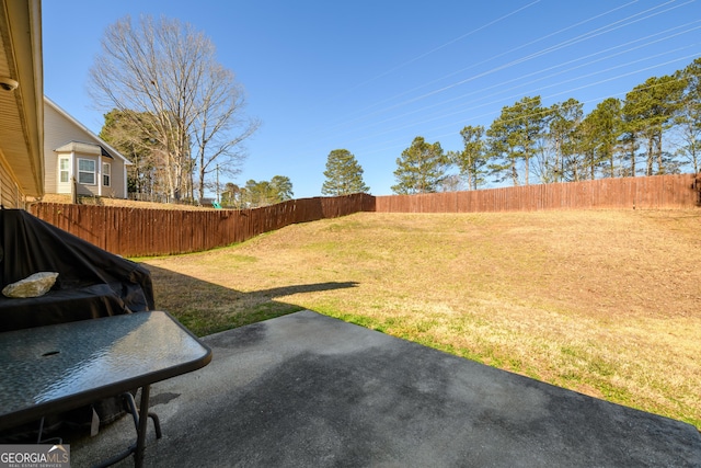 view of yard with a fenced backyard and a patio