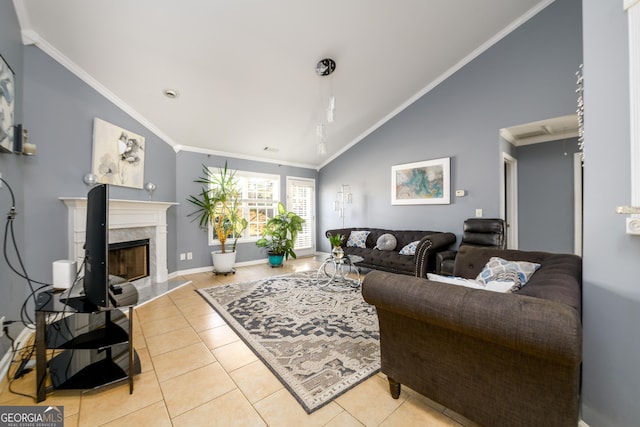 tiled living area featuring ornamental molding, high vaulted ceiling, baseboards, and a premium fireplace