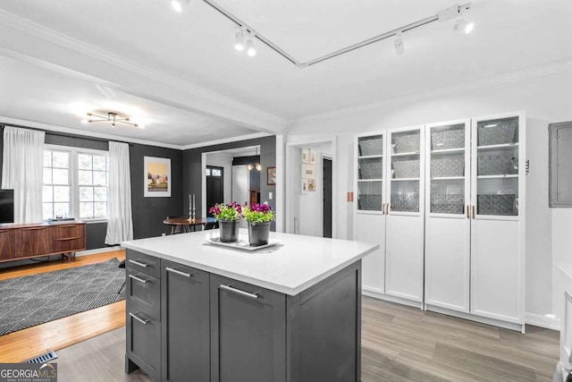 kitchen featuring gray cabinets, light countertops, light wood-style floors, ornamental molding, and a kitchen island