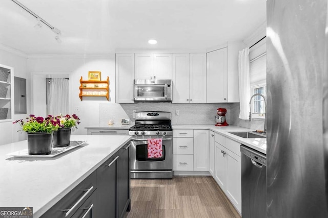 kitchen with appliances with stainless steel finishes, light countertops, electric panel, and a sink