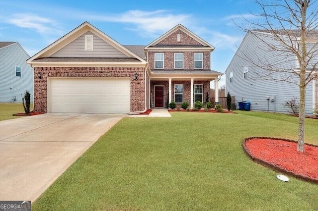 view of front of property with a garage, driveway, a front lawn, and brick siding