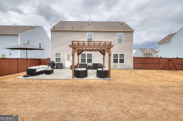 back of property with a lawn, a patio, a fenced backyard, an outdoor living space, and a pergola