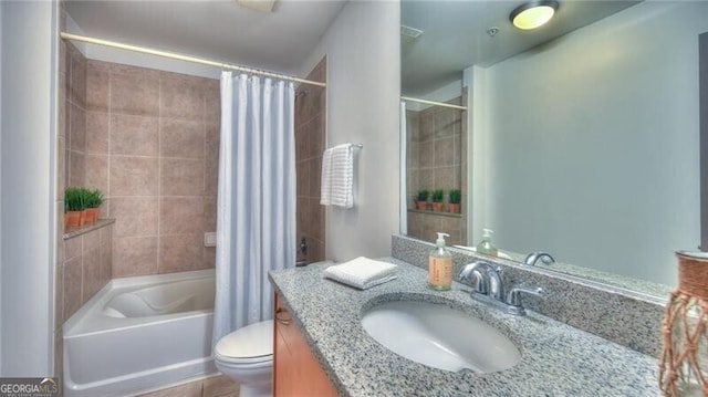 full bathroom with toilet, shower / bathtub combination with curtain, and vanity