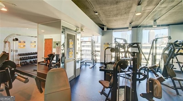 workout area with plenty of natural light and a wall of windows