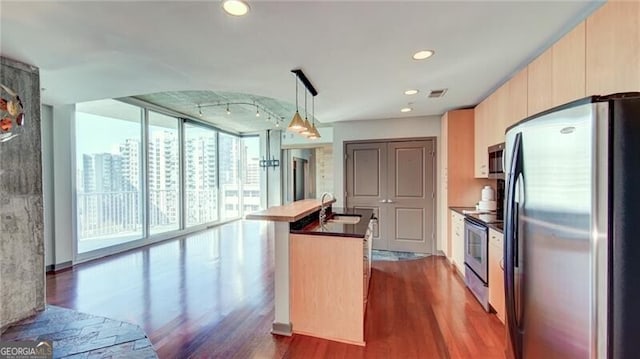 kitchen featuring an island with sink, dark wood-style floors, expansive windows, and stainless steel appliances