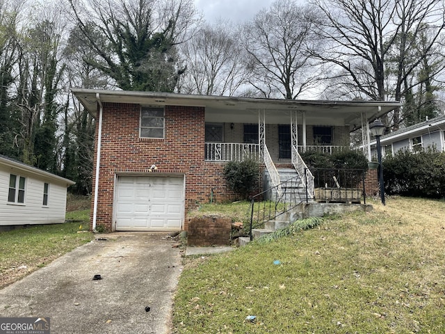 ranch-style house with covered porch, a garage, brick siding, driveway, and a front yard