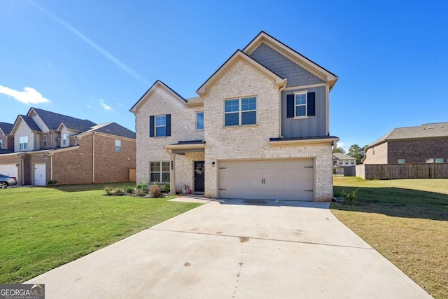 view of front of home featuring a garage, driveway, brick siding, board and batten siding, and a front yard