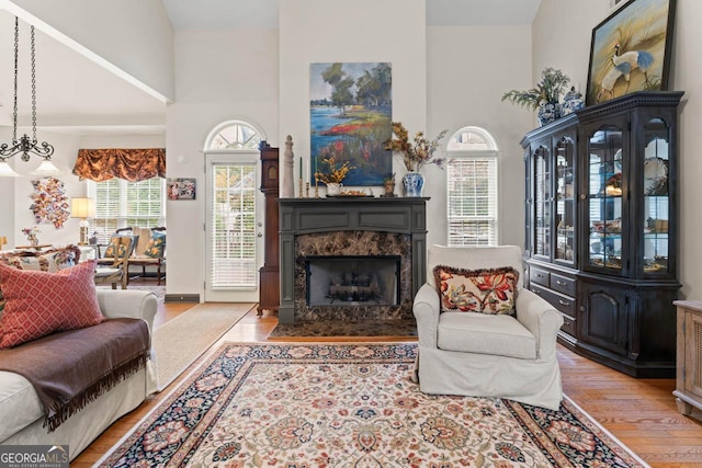 living area with a high ceiling, wood finished floors, and a high end fireplace