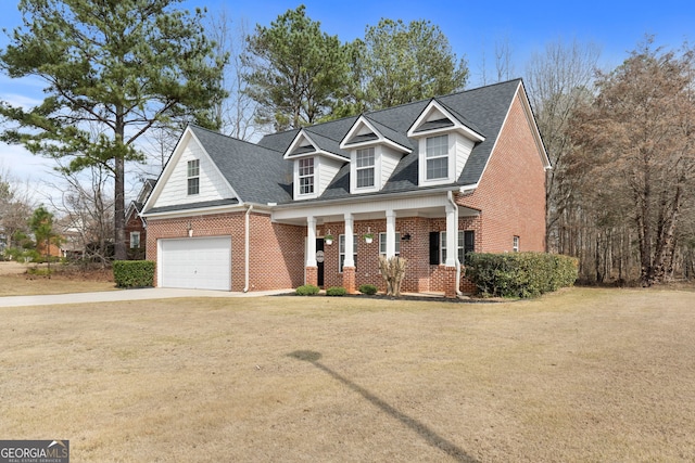 cape cod-style house with brick siding, a shingled roof, a garage, driveway, and a front lawn