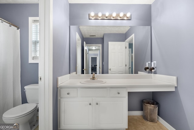 full bath featuring visible vents, baseboards, vanity, and toilet