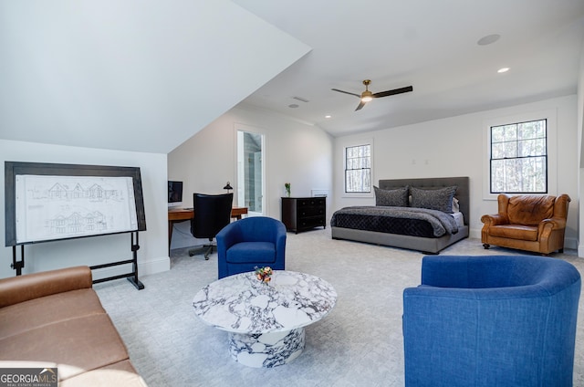 bedroom with a ceiling fan, carpet, baseboards, lofted ceiling, and recessed lighting