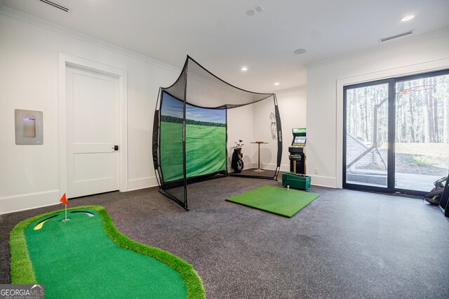 playroom with recessed lighting, visible vents, baseboards, and crown molding