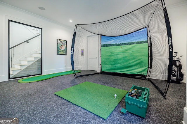 game room with recessed lighting, ornamental molding, baseboards, and golf simulator