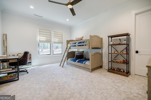 bedroom with recessed lighting, visible vents, carpet floors, and ornamental molding