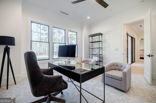 office space featuring a ceiling fan, baseboards, visible vents, recessed lighting, and ornamental molding