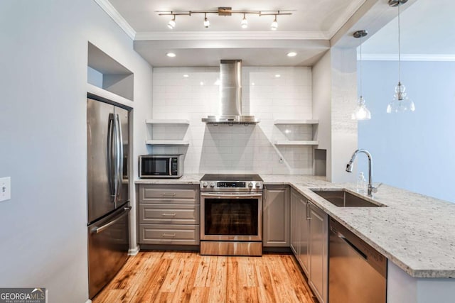 kitchen with appliances with stainless steel finishes, a peninsula, gray cabinets, a sink, and exhaust hood