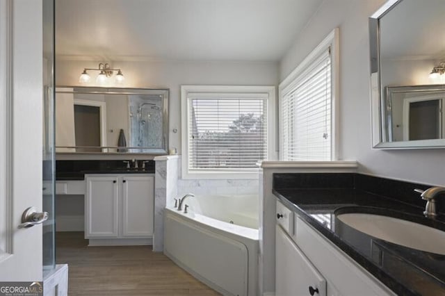 bathroom featuring a shower with door, two vanities, a sink, wood finished floors, and a bath