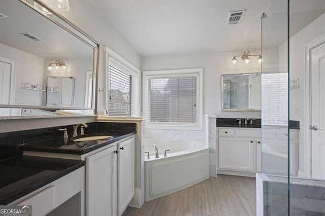 full bath featuring two vanities, visible vents, a sink, and a bath