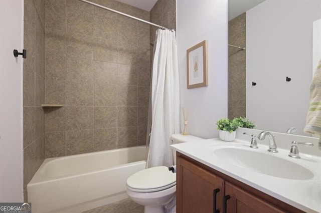 bathroom with shower / bath combination with curtain, vanity, and toilet