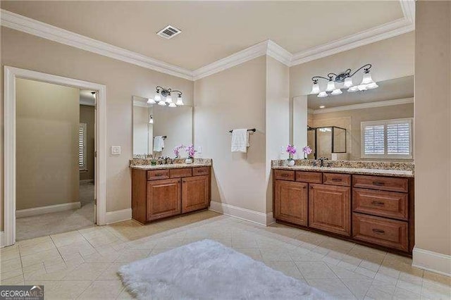 full bathroom with ornamental molding, tile patterned flooring, two vanities, and a shower stall