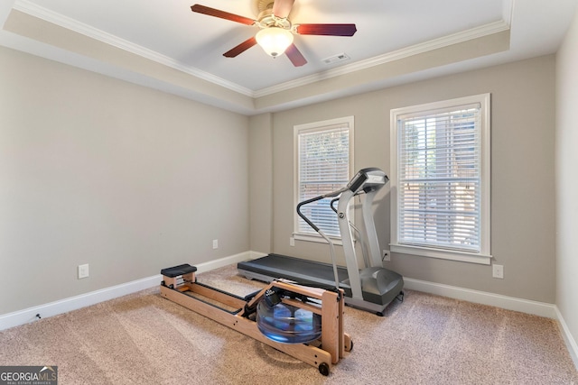 workout area with carpet, visible vents, baseboards, a tray ceiling, and ceiling fan