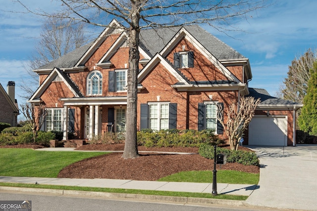 view of front of home with a garage, brick siding, concrete driveway, and a shingled roof