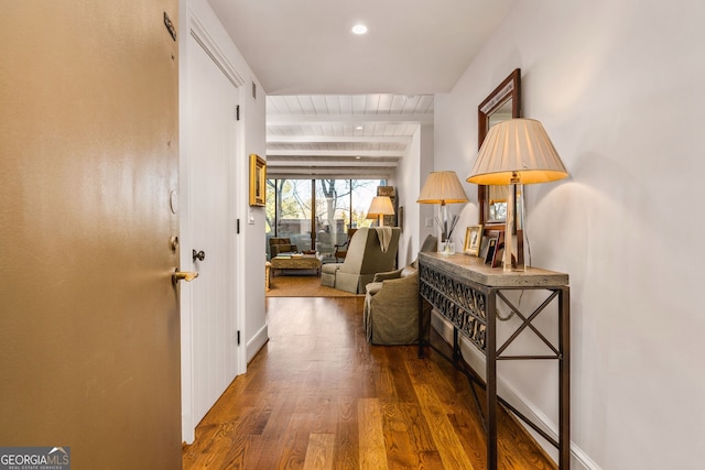 hallway featuring wood ceiling, recessed lighting, wood finished floors, and beamed ceiling