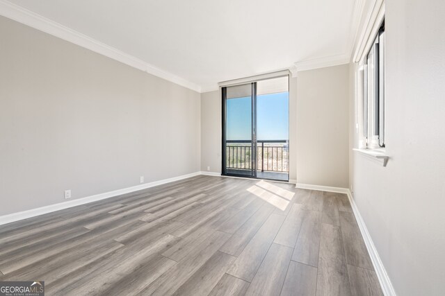 3481 Lakeside Dr NE Unit 2303, Atlanta, GA 30326 - spare room featuring a wall of windows, baseboards, ornamental molding, and wood finished floors