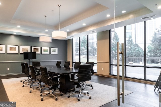 3481 Lakeside Dr NE Unit 2303, Atlanta, GA 30326 - office area featuring a tray ceiling, ornamental molding, wood finished floors, and recessed lighting
