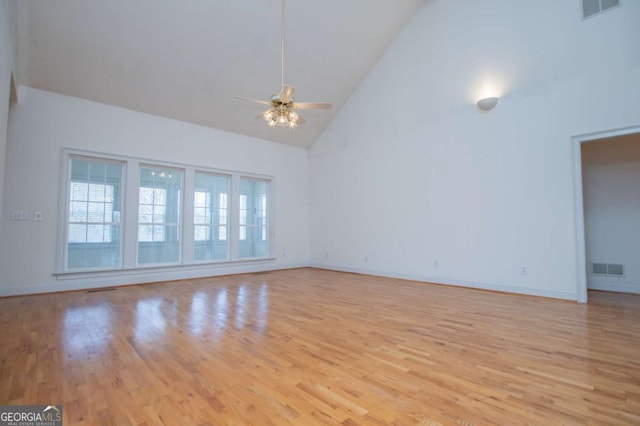 unfurnished living room featuring high vaulted ceiling, a ceiling fan, visible vents, and light wood-style floors