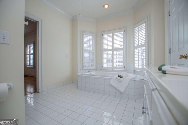 full bath featuring ornamental molding, a healthy amount of sunlight, a bath, and tile patterned floors