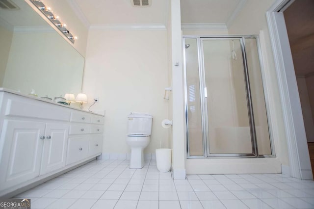 full bath featuring ornamental molding, a stall shower, toilet, and tile patterned floors