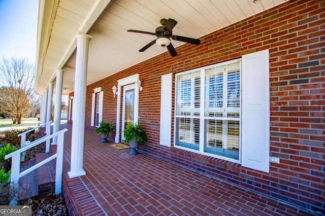 view of patio with a porch and a ceiling fan