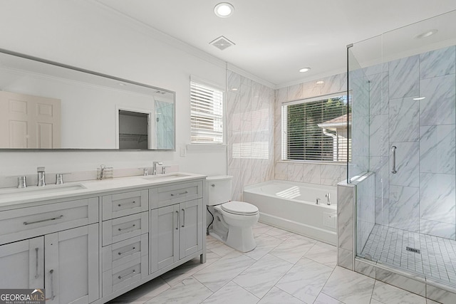 full bath featuring double vanity, visible vents, a sink, and ornamental molding