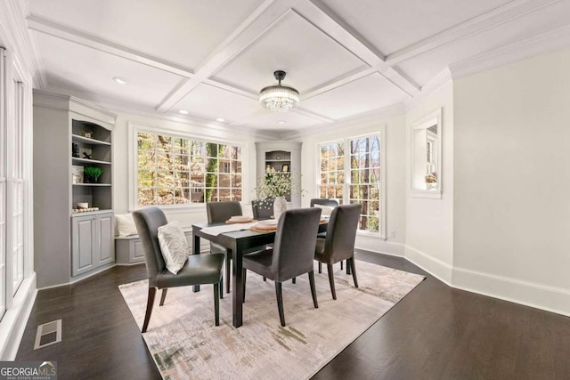 dining area featuring visible vents, dark wood-type flooring, coffered ceiling, and baseboards