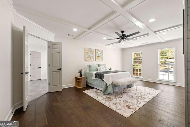 bedroom featuring dark wood finished floors, beamed ceiling, baseboards, and coffered ceiling