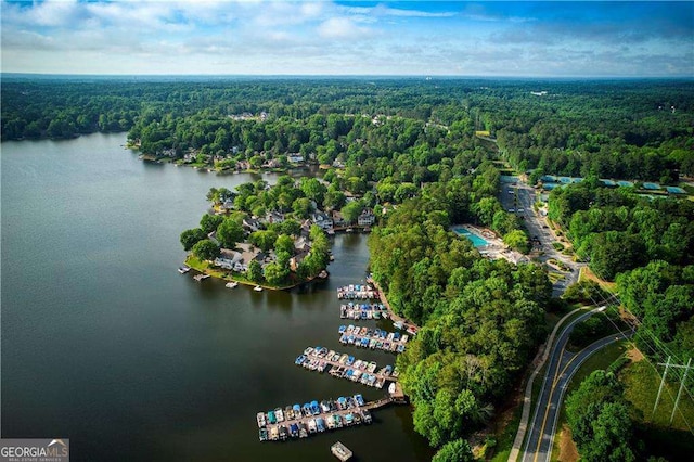 drone / aerial view with a water view and a wooded view