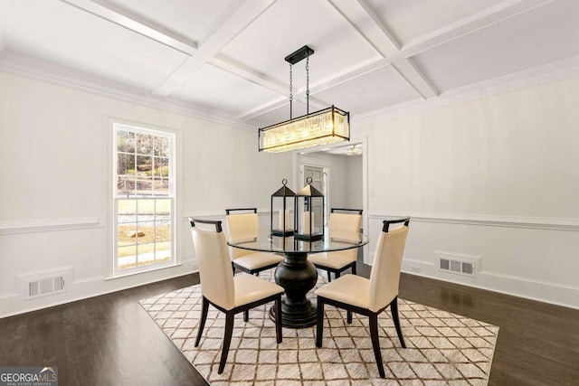 dining room with beam ceiling, coffered ceiling, baseboards, and wood finished floors