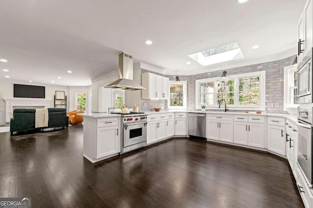 kitchen featuring dark wood-style floors, stainless steel appliances, a peninsula, a skylight, and extractor fan